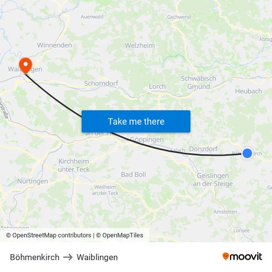 Böhmenkirch to Waiblingen map