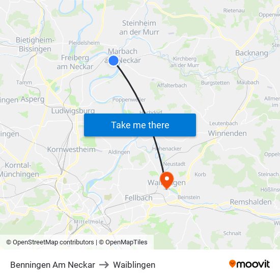 Benningen Am Neckar to Waiblingen map