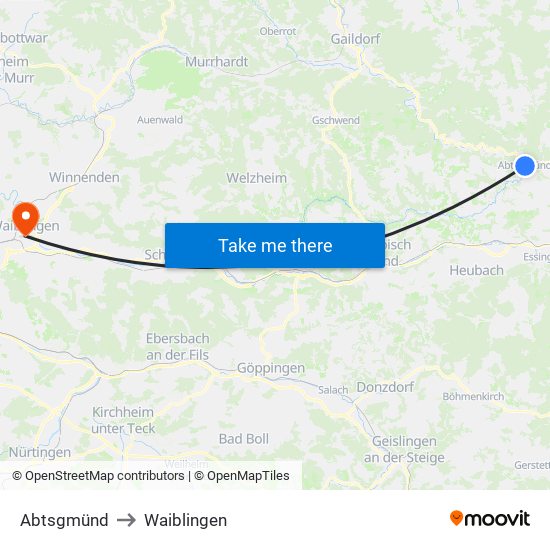Abtsgmünd to Waiblingen map