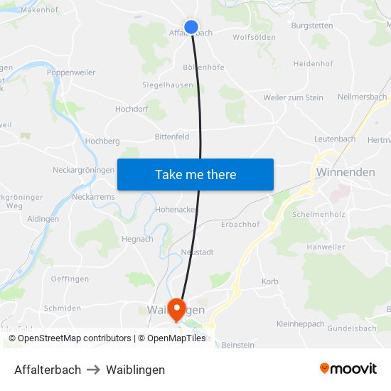 Affalterbach to Waiblingen map
