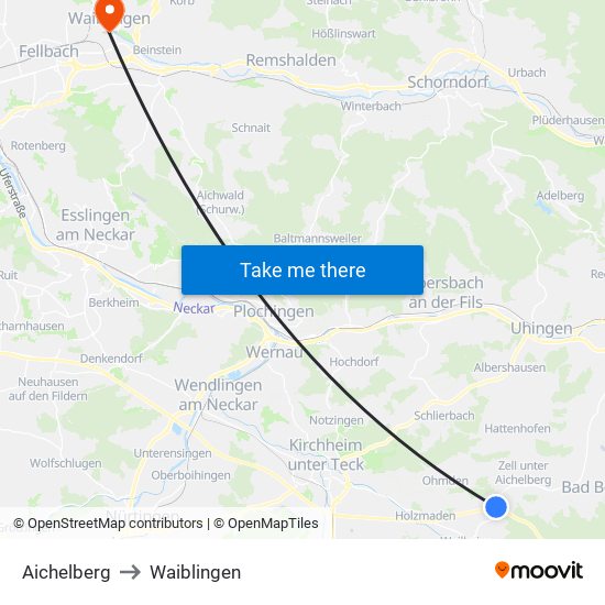 Aichelberg to Waiblingen map