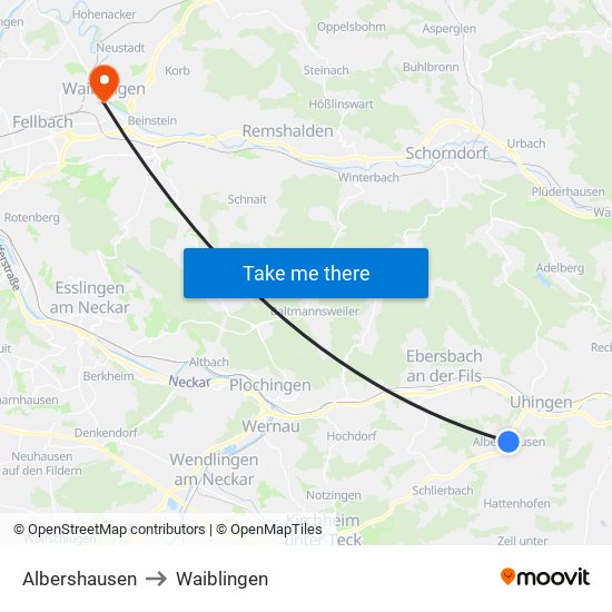 Albershausen to Waiblingen map