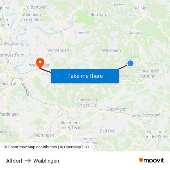 Alfdorf to Waiblingen map