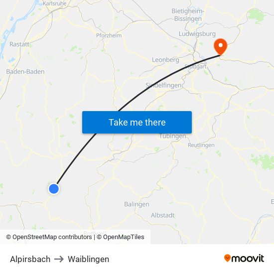 Alpirsbach to Waiblingen map
