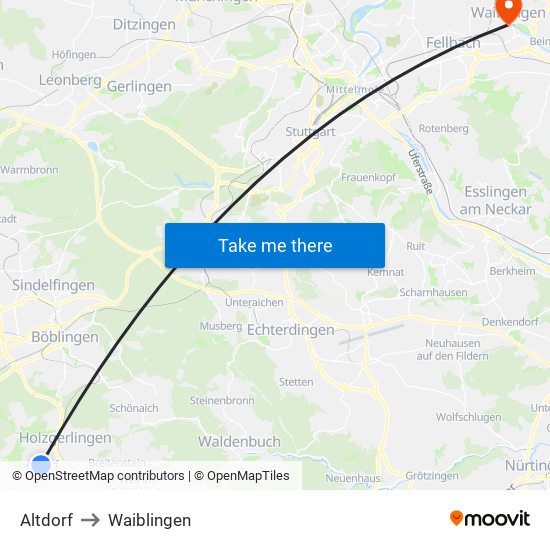 Altdorf to Waiblingen map