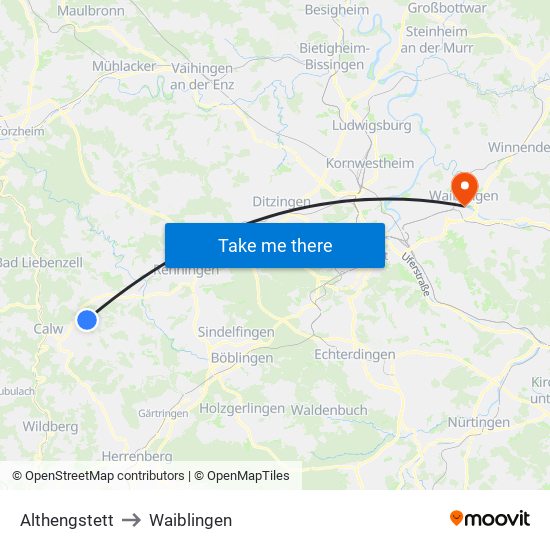 Althengstett to Waiblingen map