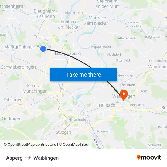 Asperg to Waiblingen map