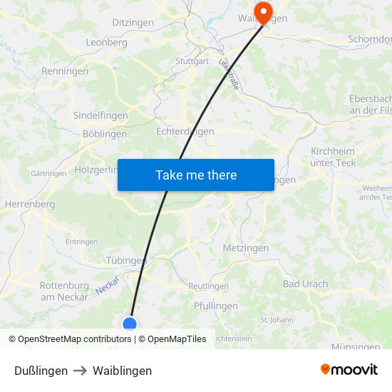 Dußlingen to Waiblingen map