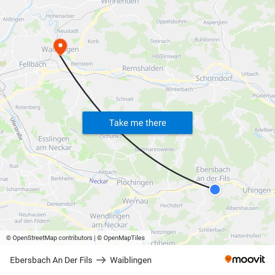 Ebersbach An Der Fils to Waiblingen map