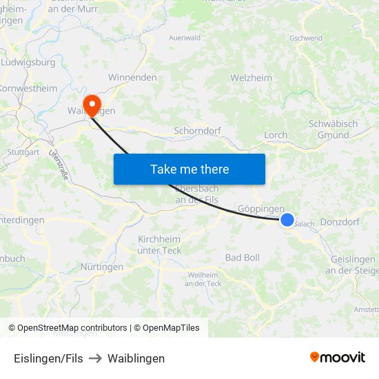 Eislingen/Fils to Waiblingen map