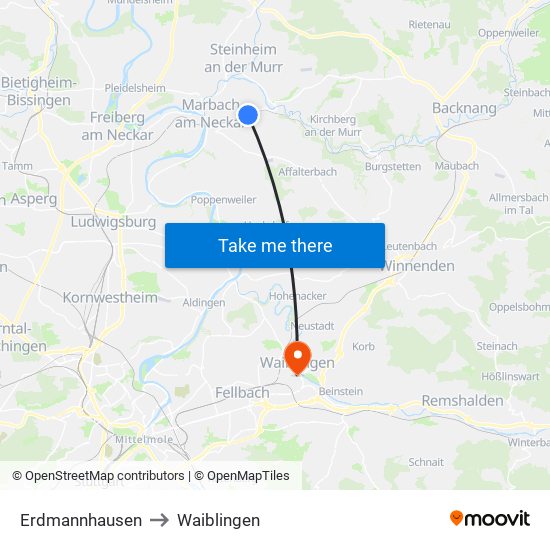 Erdmannhausen to Waiblingen map