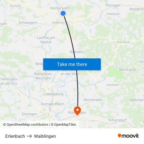 Erlenbach to Waiblingen map