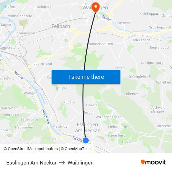 Esslingen Am Neckar to Waiblingen map