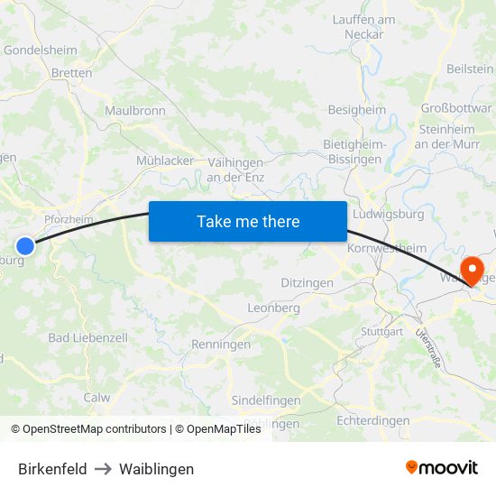 Birkenfeld to Waiblingen map