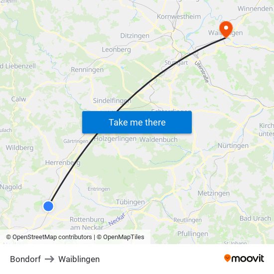 Bondorf to Waiblingen map