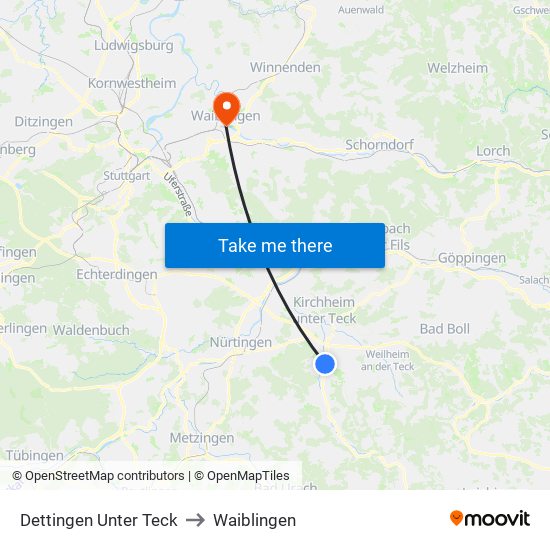 Dettingen Unter Teck to Waiblingen map