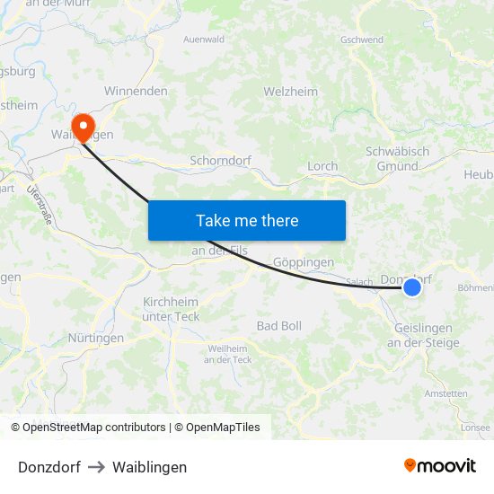 Donzdorf to Waiblingen map
