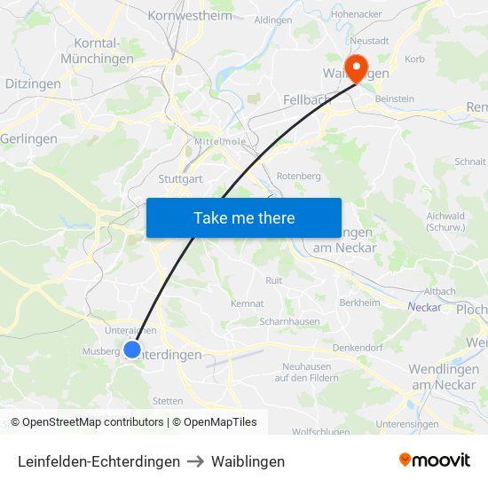 Leinfelden-Echterdingen to Waiblingen map