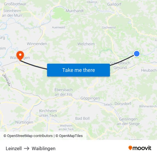 Leinzell to Waiblingen map