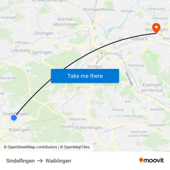 Sindelfingen to Waiblingen map