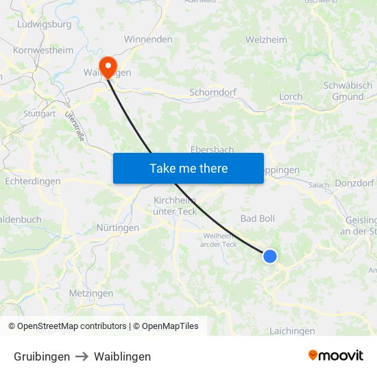 Gruibingen to Waiblingen map