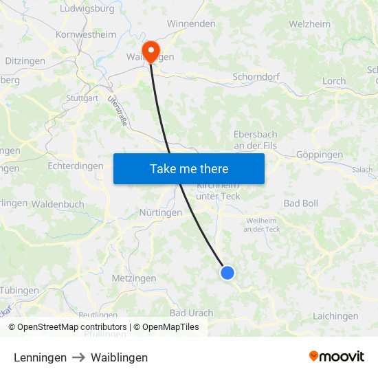 Lenningen to Waiblingen map