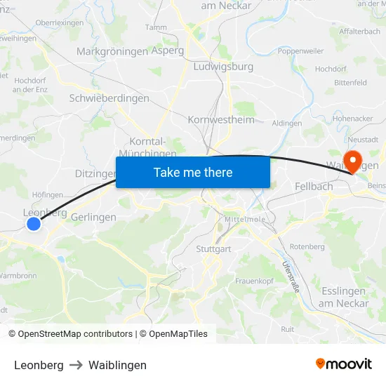 Leonberg to Waiblingen map