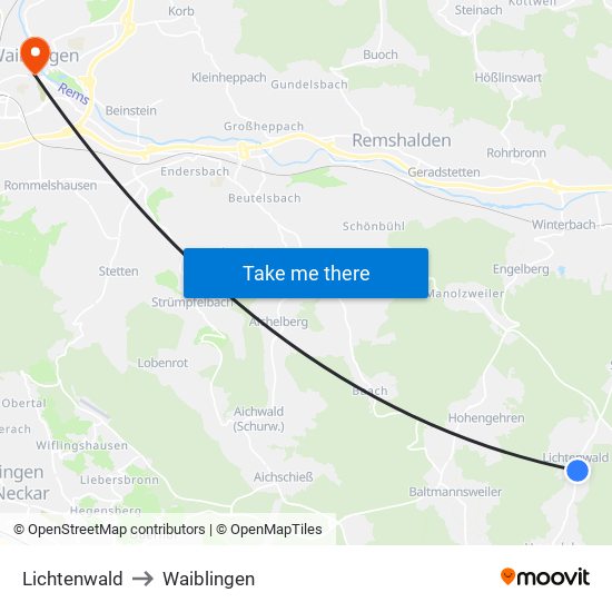 Lichtenwald to Waiblingen map