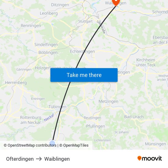 Ofterdingen to Waiblingen map