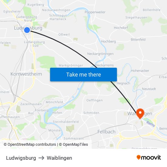 Ludwigsburg to Waiblingen map