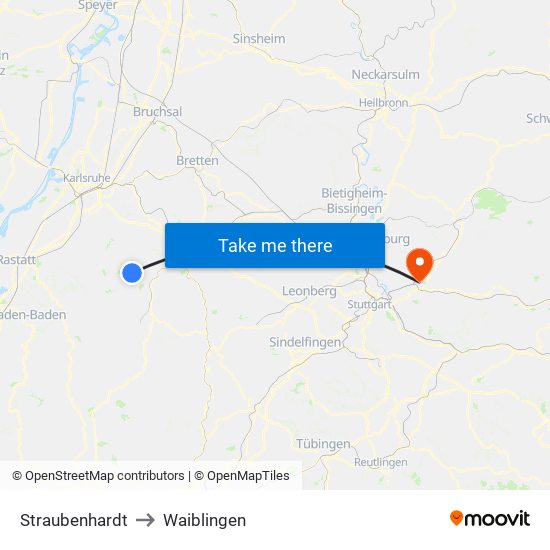 Straubenhardt to Waiblingen map