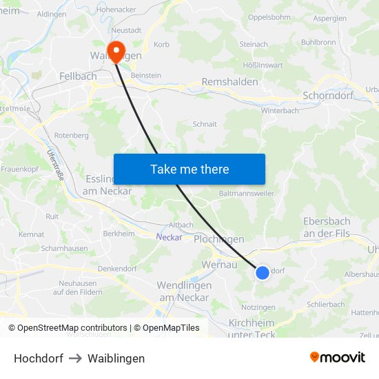 Hochdorf to Waiblingen map