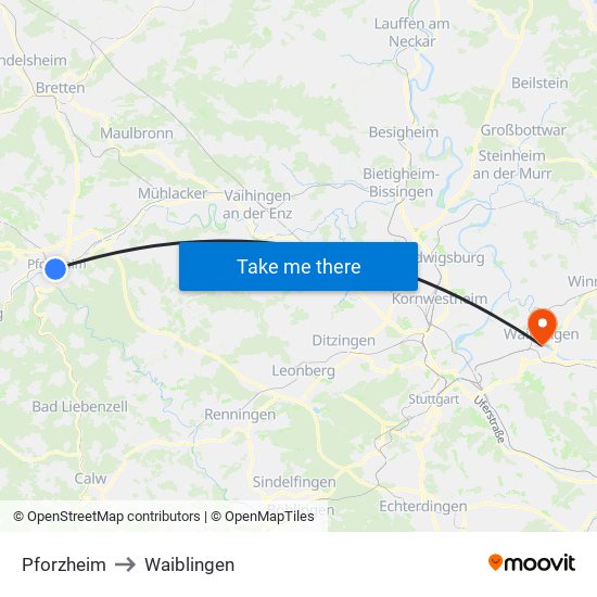 Pforzheim to Waiblingen map