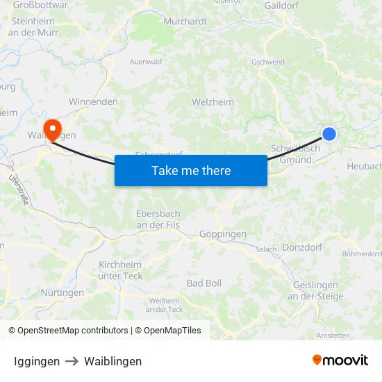 Iggingen to Waiblingen map