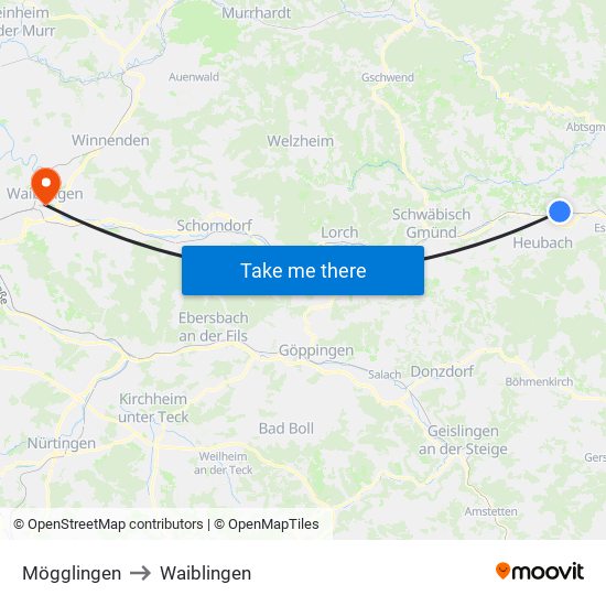 Mögglingen to Waiblingen map
