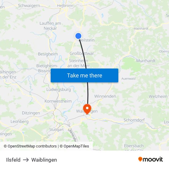 Ilsfeld to Waiblingen map