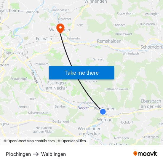 Plochingen to Waiblingen map