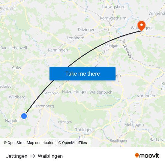 Jettingen to Waiblingen map
