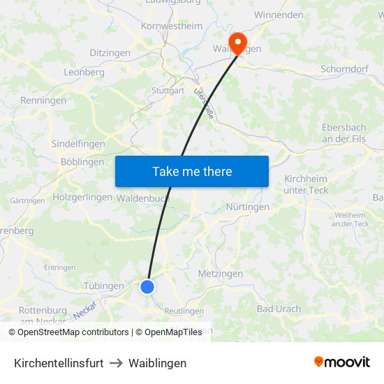 Kirchentellinsfurt to Waiblingen map