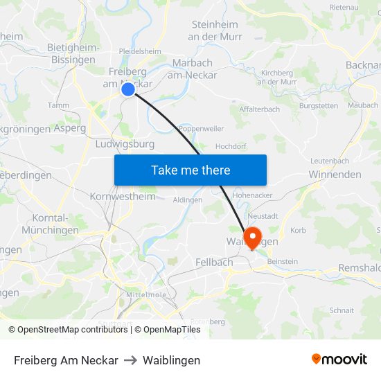 Freiberg Am Neckar to Waiblingen map