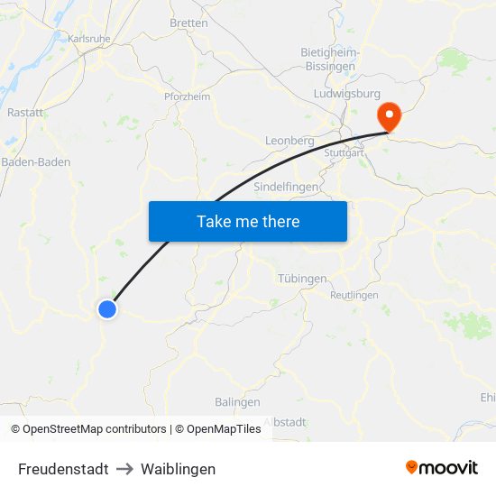 Freudenstadt to Waiblingen map