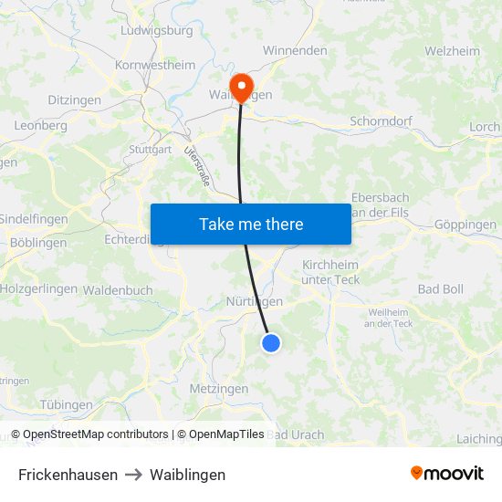 Frickenhausen to Waiblingen map