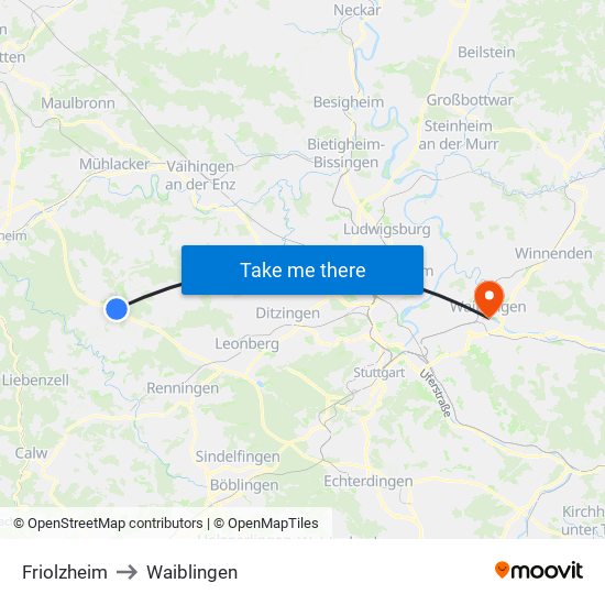 Friolzheim to Waiblingen map