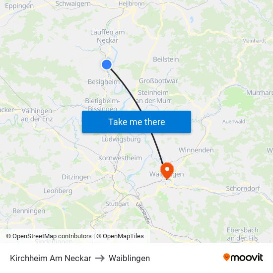 Kirchheim Am Neckar to Waiblingen map