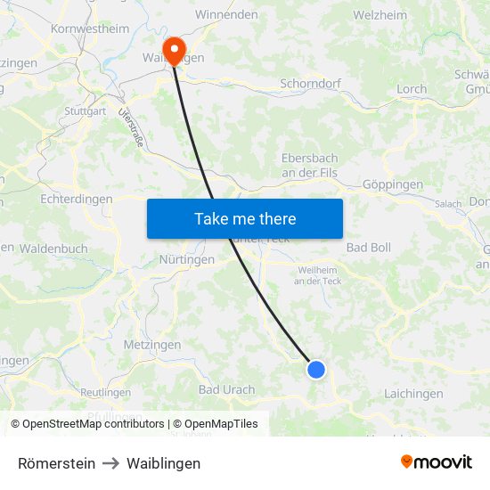 Römerstein to Waiblingen map