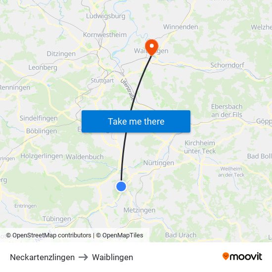 Neckartenzlingen to Waiblingen map