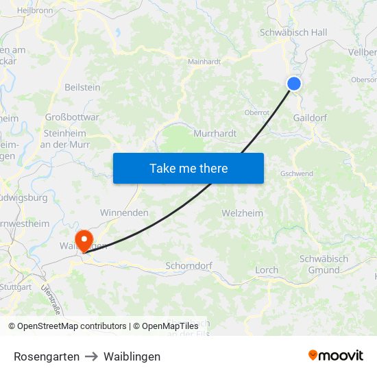 Rosengarten to Waiblingen map