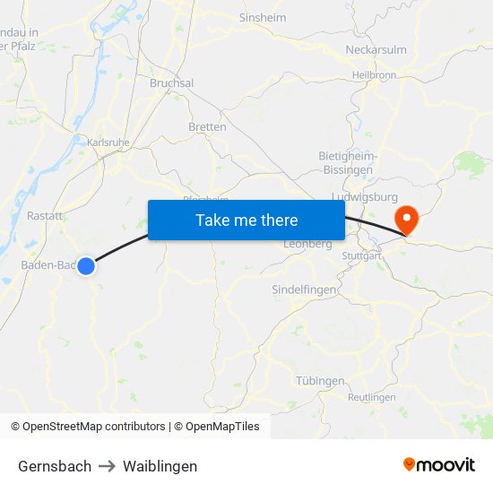 Gernsbach to Waiblingen map