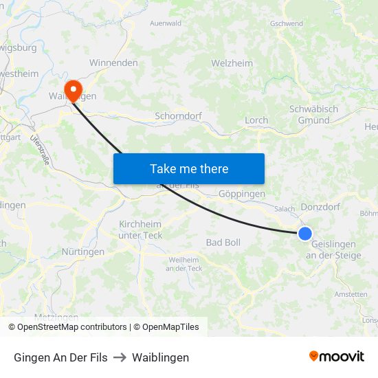 Gingen An Der Fils to Waiblingen map