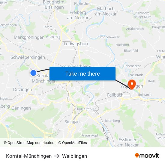 Korntal-Münchingen to Waiblingen map